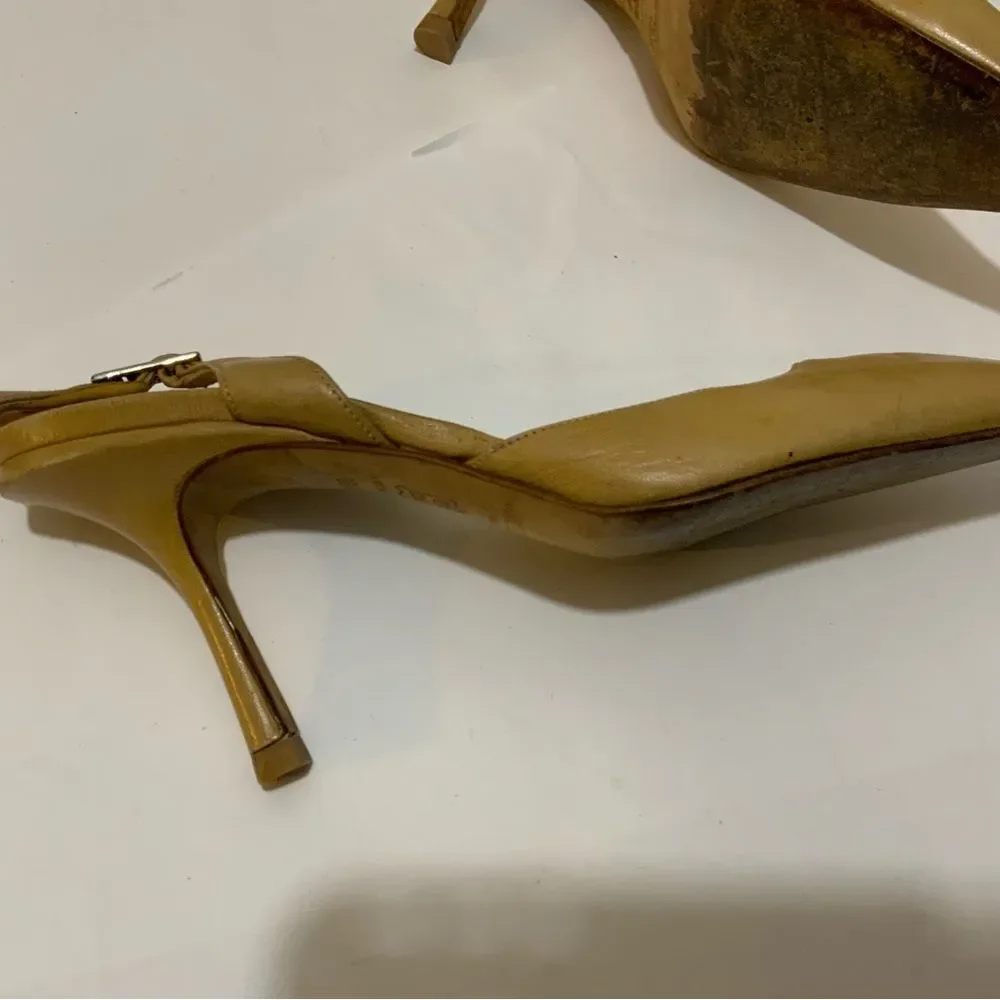 Jimmy Choo Size 36.5 Tan Leather Pointed Toe Slingback Kitten Heels